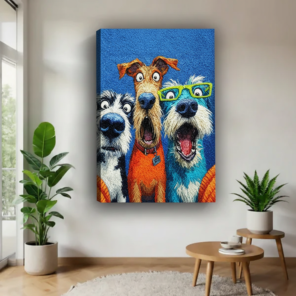 Three funny dogs gallery wrap canvas wall art with plants, colorful cartoon dog selfie print unframed blue background living room