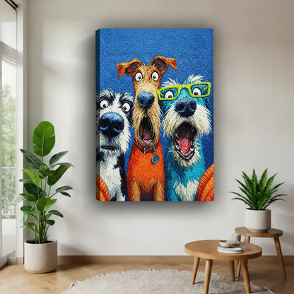 Three funny dogs gallery wrap canvas wall art with plants, colorful cartoon dog selfie print unframed blue background living room