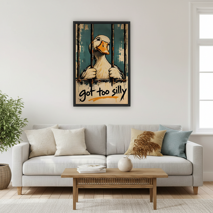 Vintage-style funny duck canvas wall art in a black frame beside a bed, featuring a duck behind bars.