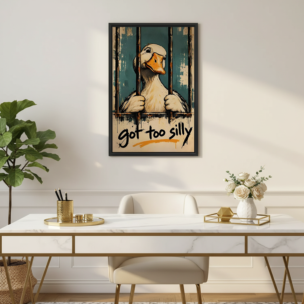 Unframed funny duck canvas wall art with distressed teal details and got too silly lettering beside a bed.