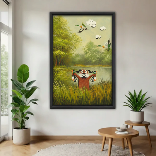 Funny duck hunt dog canvas wall art in black floating frame on white wall with monstera and fern plants
