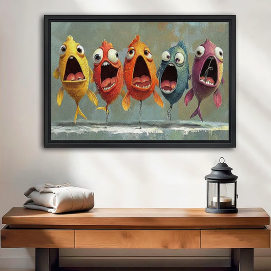 Five expressive cartoon fish oil painting black framed canvas wall art above wooden console table with lantern