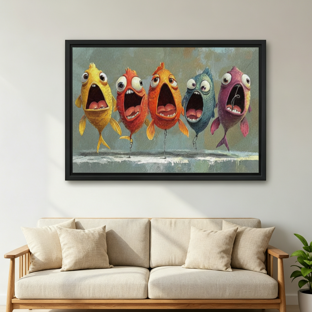 Humorous colorful fish oil painting framed canvas wall art on light grey wall above beige wooden sofa with cushions