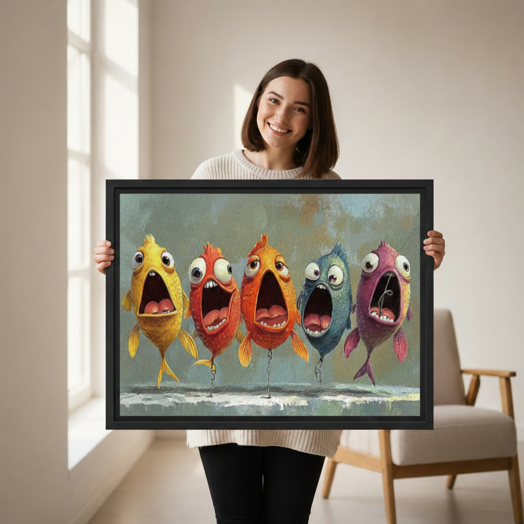 Smiling woman holding large black framed funny colorful fish oil painting canvas wall art print in bright room