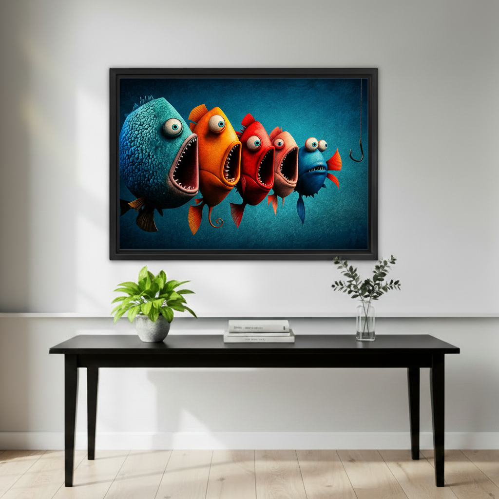 Funny cartoon fish canvas wall art styled in modern living room above sofa as home decor