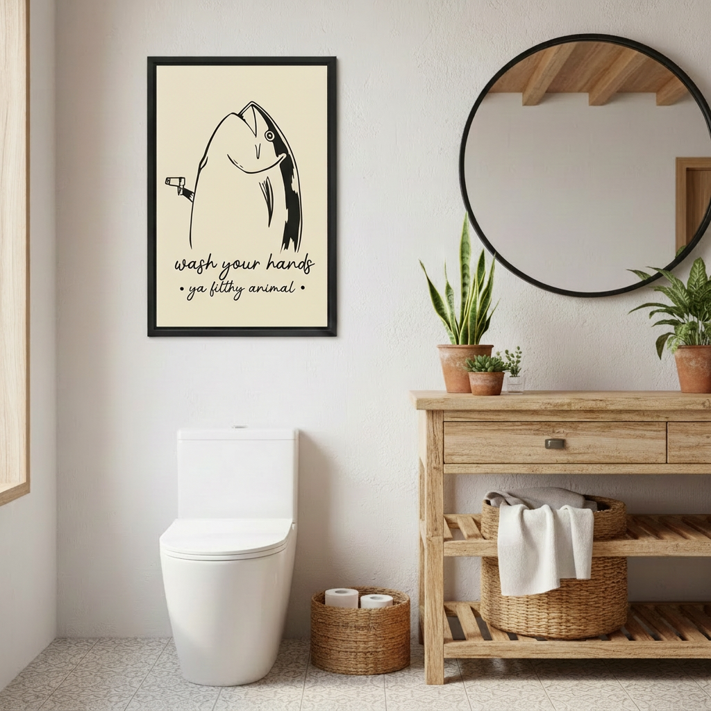 Funny fish wall art in a black frame above a toilet beside a wooden vanity and round mirror.