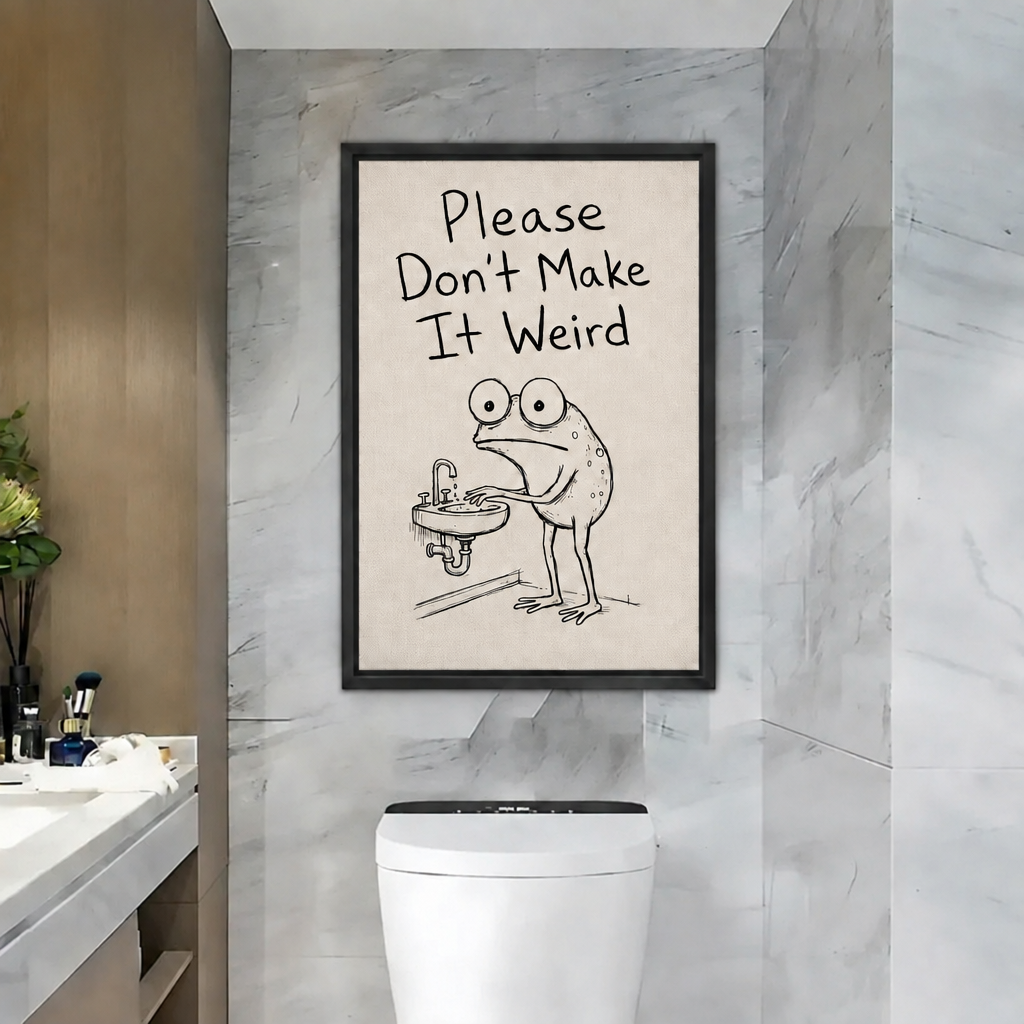 Framed funny frog bathroom canvas wall art hanging on a grey marble wall above a modern toilet