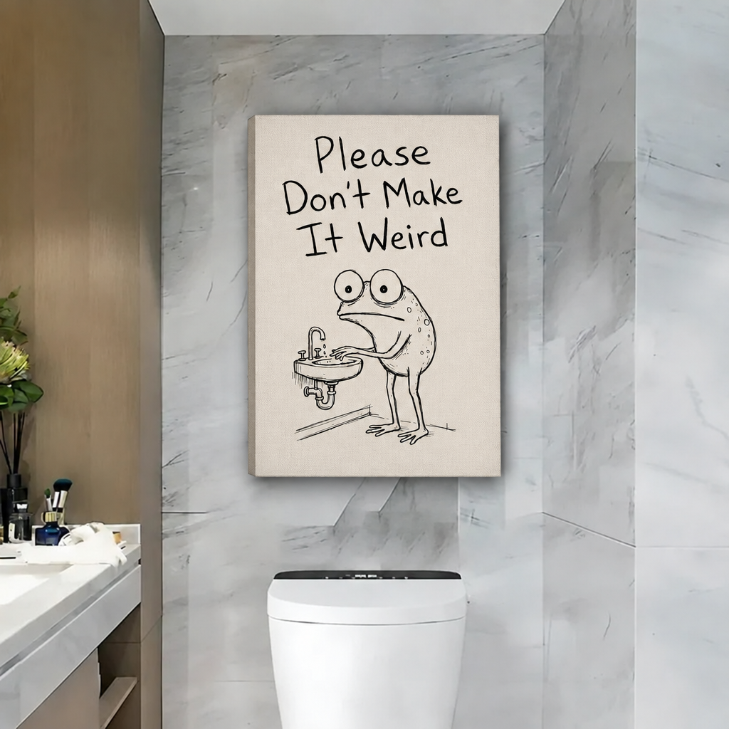 Gallery-wrap funny frog bathroom canvas wall art with no frame on a marble powder room wall