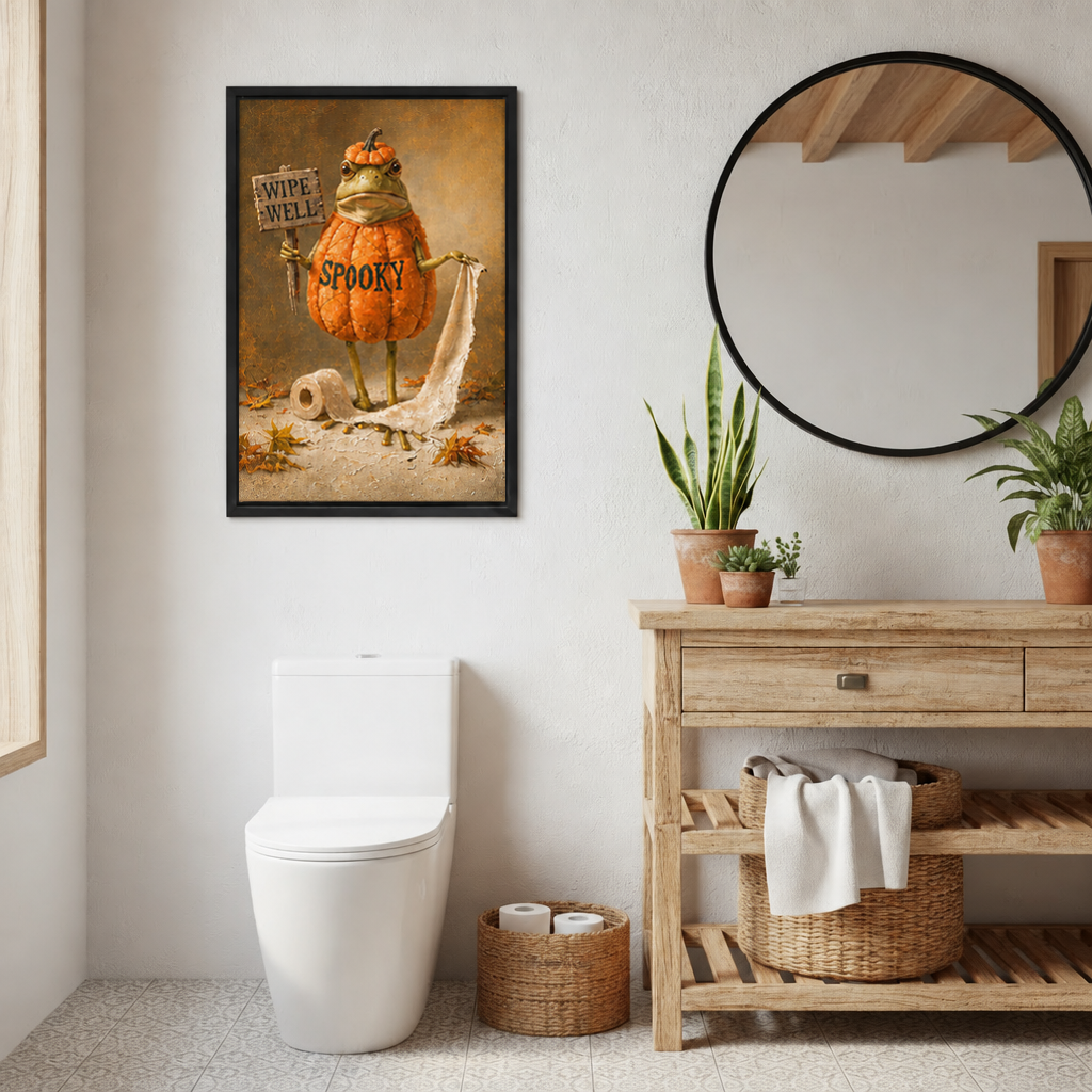 Halloween pumpkin frog canvas wall art beside a round mirror, wooden vanity and potted plants