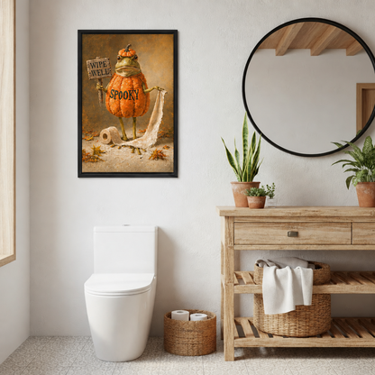 Halloween pumpkin frog canvas wall art beside a round mirror, wooden vanity and potted plants