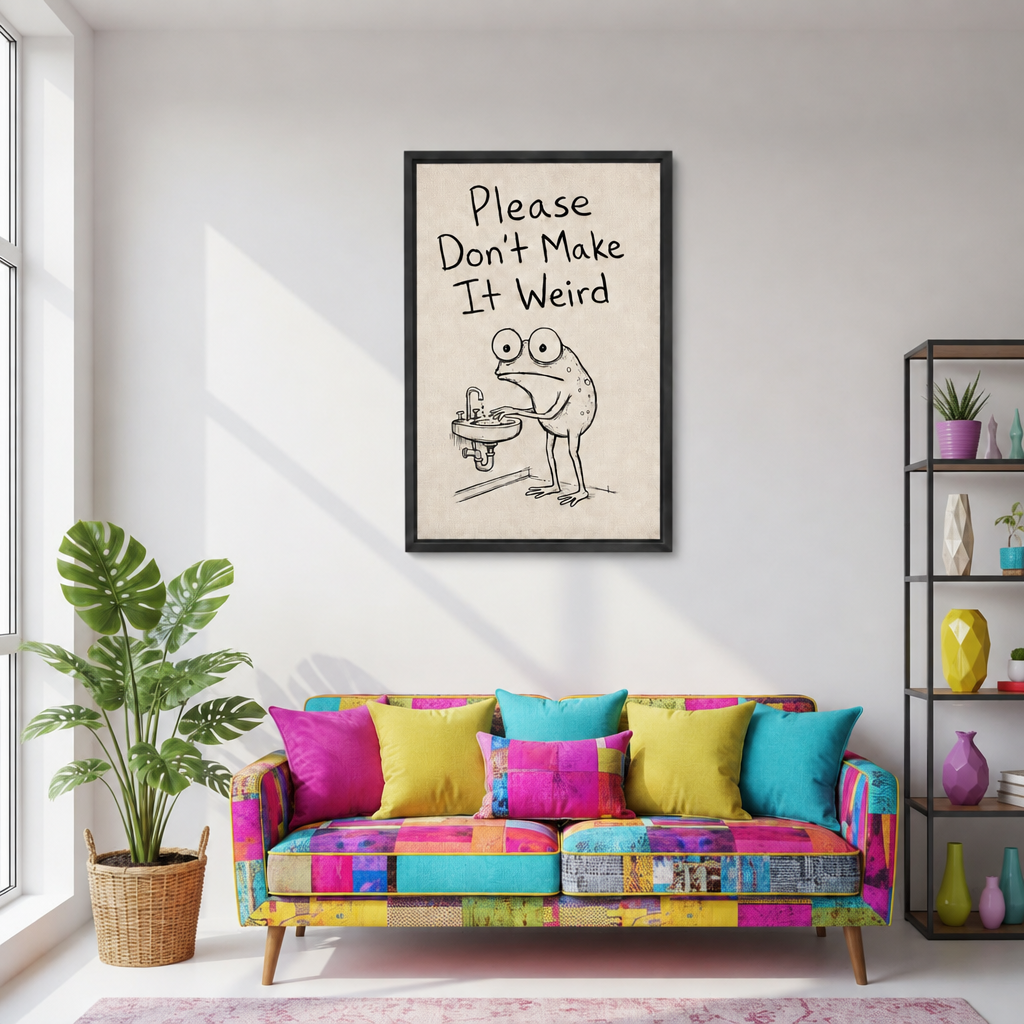 Black framed funny frog bathroom canvas wall art above a bright patchwork sofa in a living room