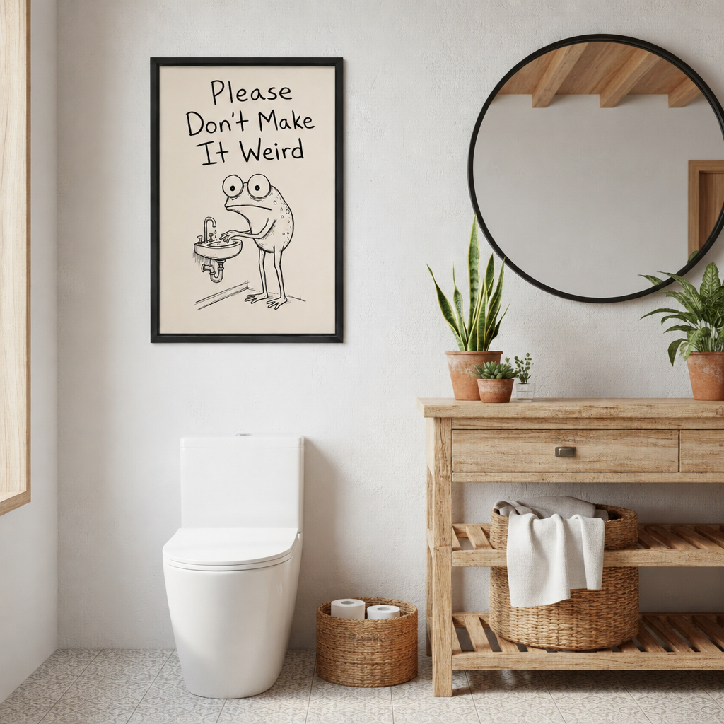 Funny frog bathroom canvas wall art beside a round mirror and wooden vanity with potted plants