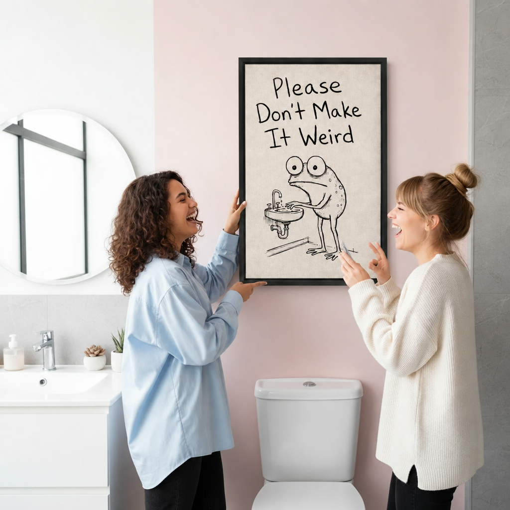 Two women laughing as they hang funny frog bathroom canvas wall art in a pink bathroom