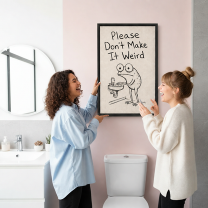 Two women laughing as they hang funny frog bathroom canvas wall art in a pink bathroom