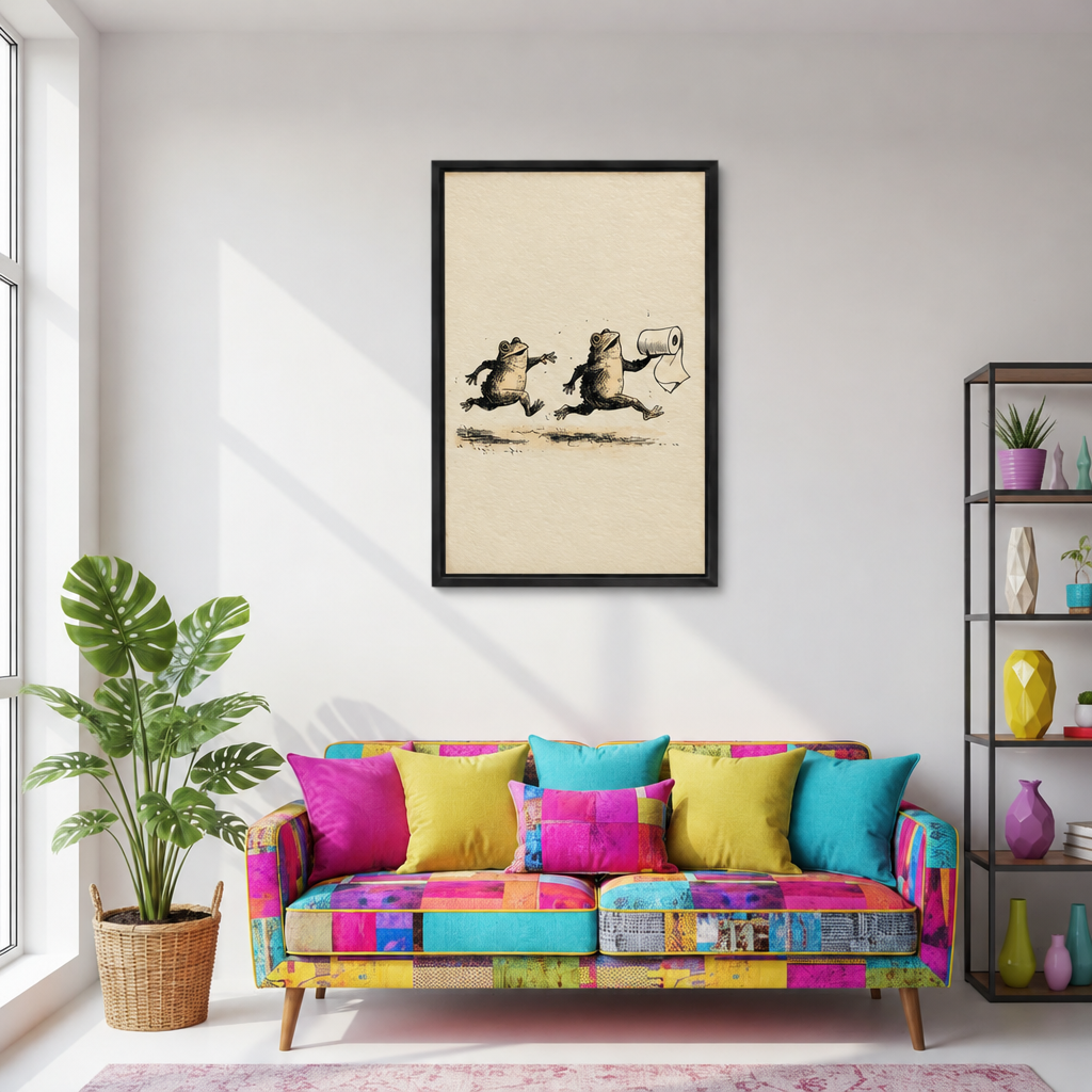  Black-framed funny frog canvas wall art displayed above a colorful sofa beside a large leafy plant.