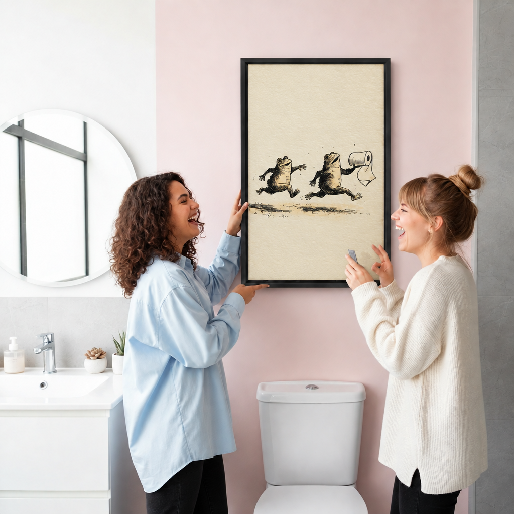 Two women smiling beside black-framed funny frog canvas wall art on a pink bathroom wall.