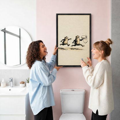 Two women smiling beside black-framed funny frog canvas wall art on a pink bathroom wall.