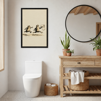 Funny frog canvas wall art in a black frame beside a round mirror and rustic wooden bathroom vanity.