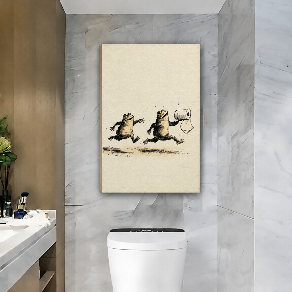  Unframed funny frog canvas wall art showing two running frogs with toilet paper above a bathroom toilet.
