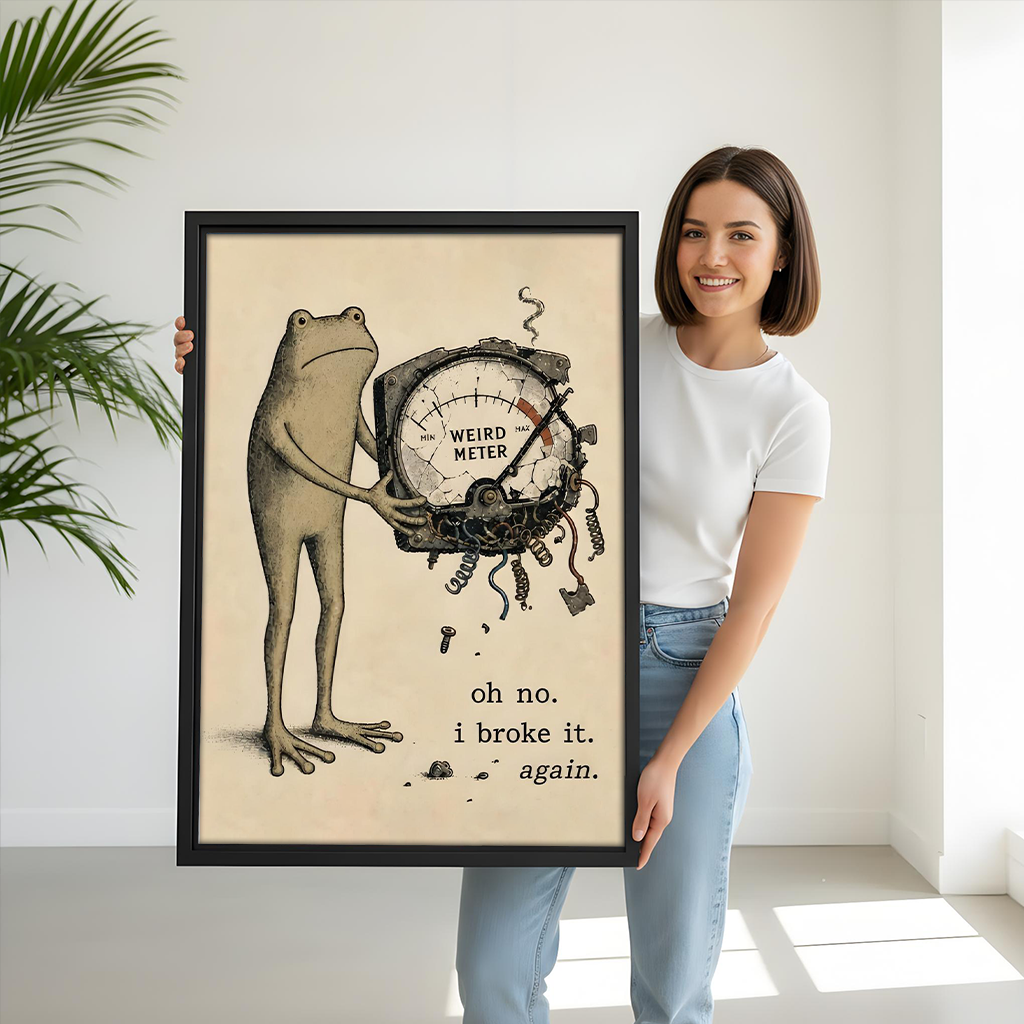 Black-framed funny frog Weird Meter canvas wall art hangs above a dining table in a bright room.