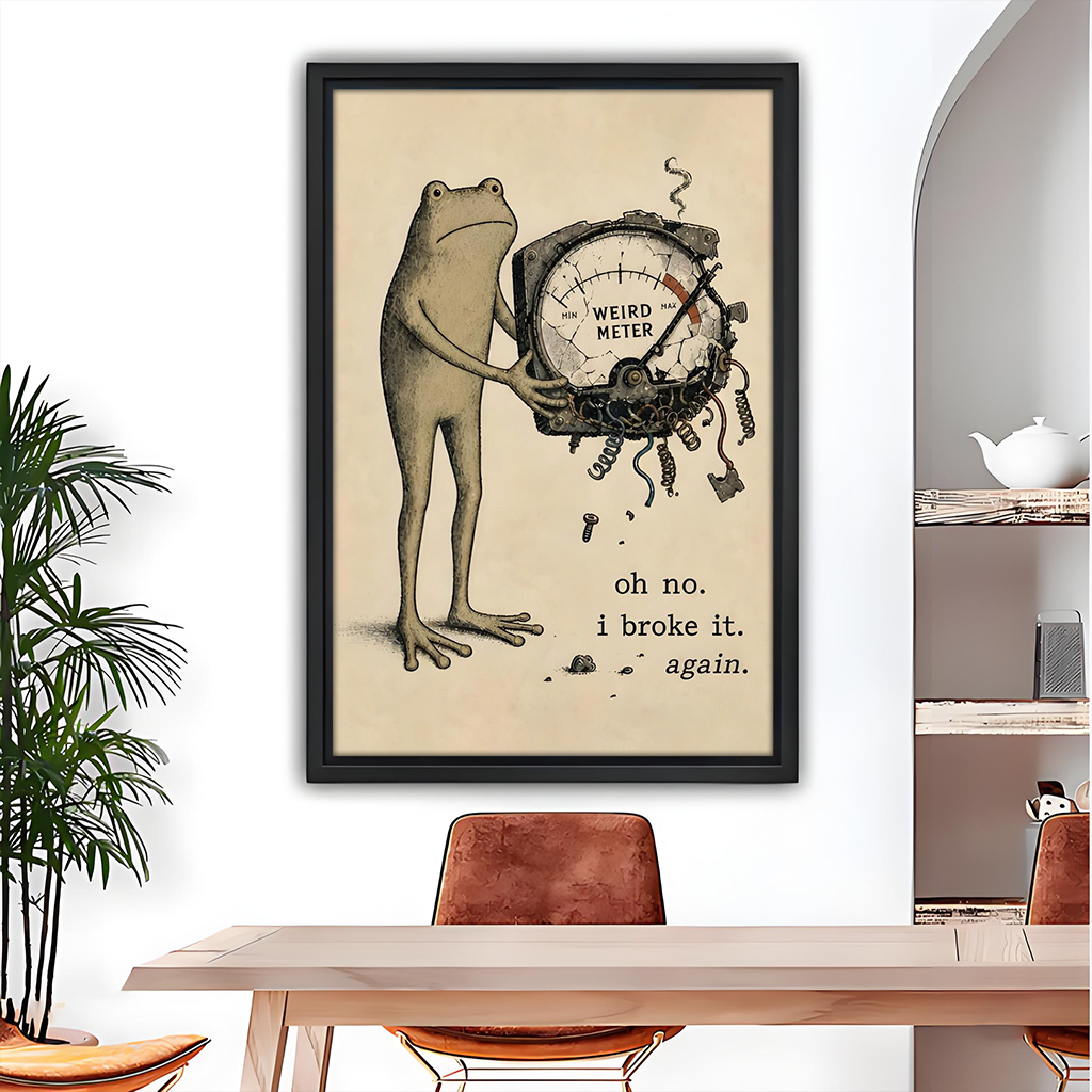 Gallery-wrap funny frog Weird Meter canvas wall art hangs above a dining table beside an arched alcove.