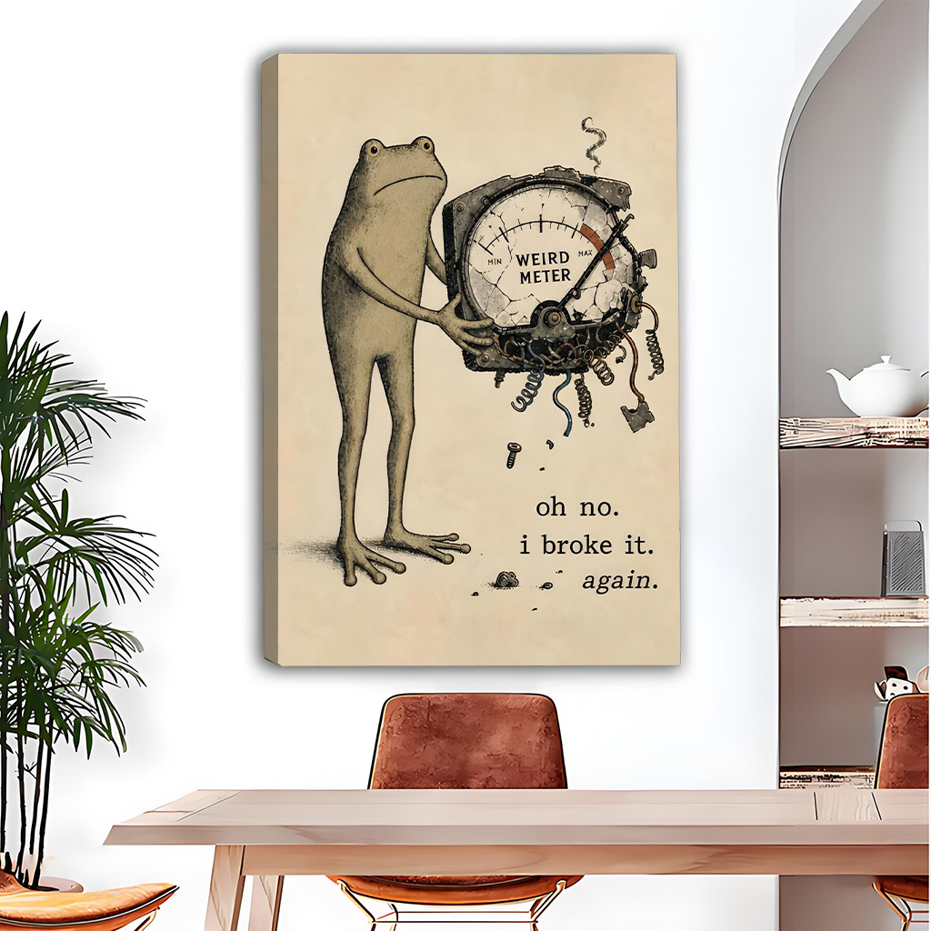 Woman holds framed funny frog Weird Meter canvas wall art showing a cracked gauge and dangling wires.