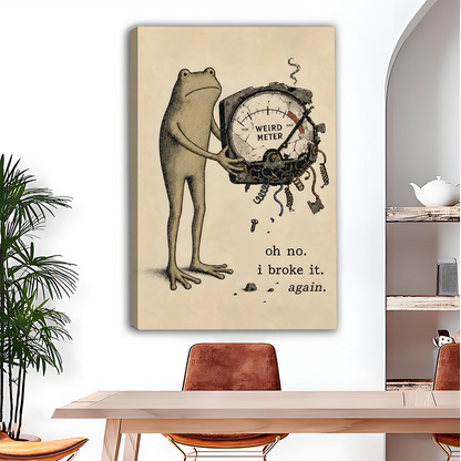 Woman holds framed funny frog Weird Meter canvas wall art showing a cracked gauge and dangling wires.