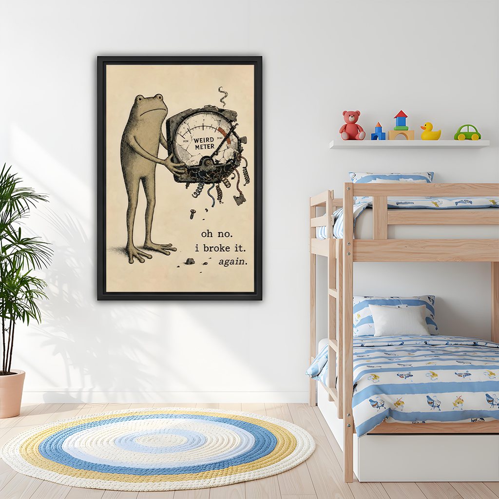Framed funny frog Weird Meter canvas wall art hangs beside a wooden bunk bed and toy shelf.