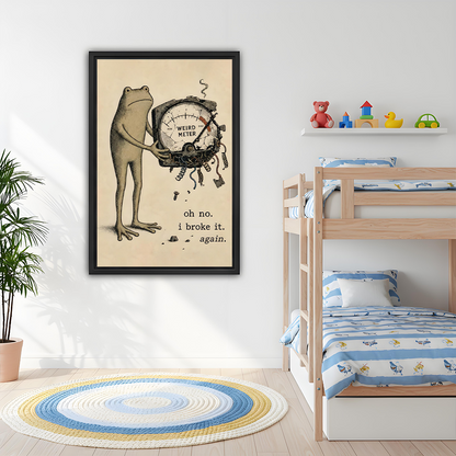 Framed funny frog Weird Meter canvas wall art hangs beside a wooden bunk bed and toy shelf.