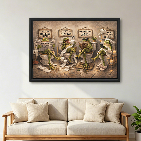 Black-framed funny frogs bathroom canvas wall art with vintage-style signs displayed above a white bed.