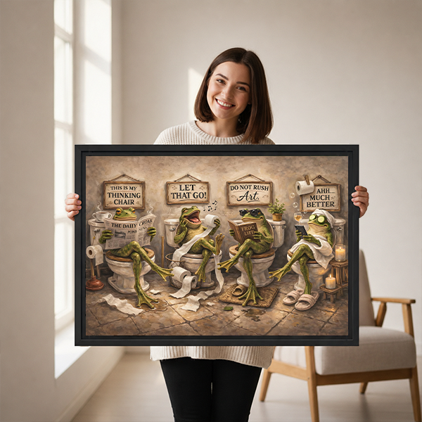 Unframed whimsical frogs bathroom canvas wall art displayed above a wooden console with folded linens.