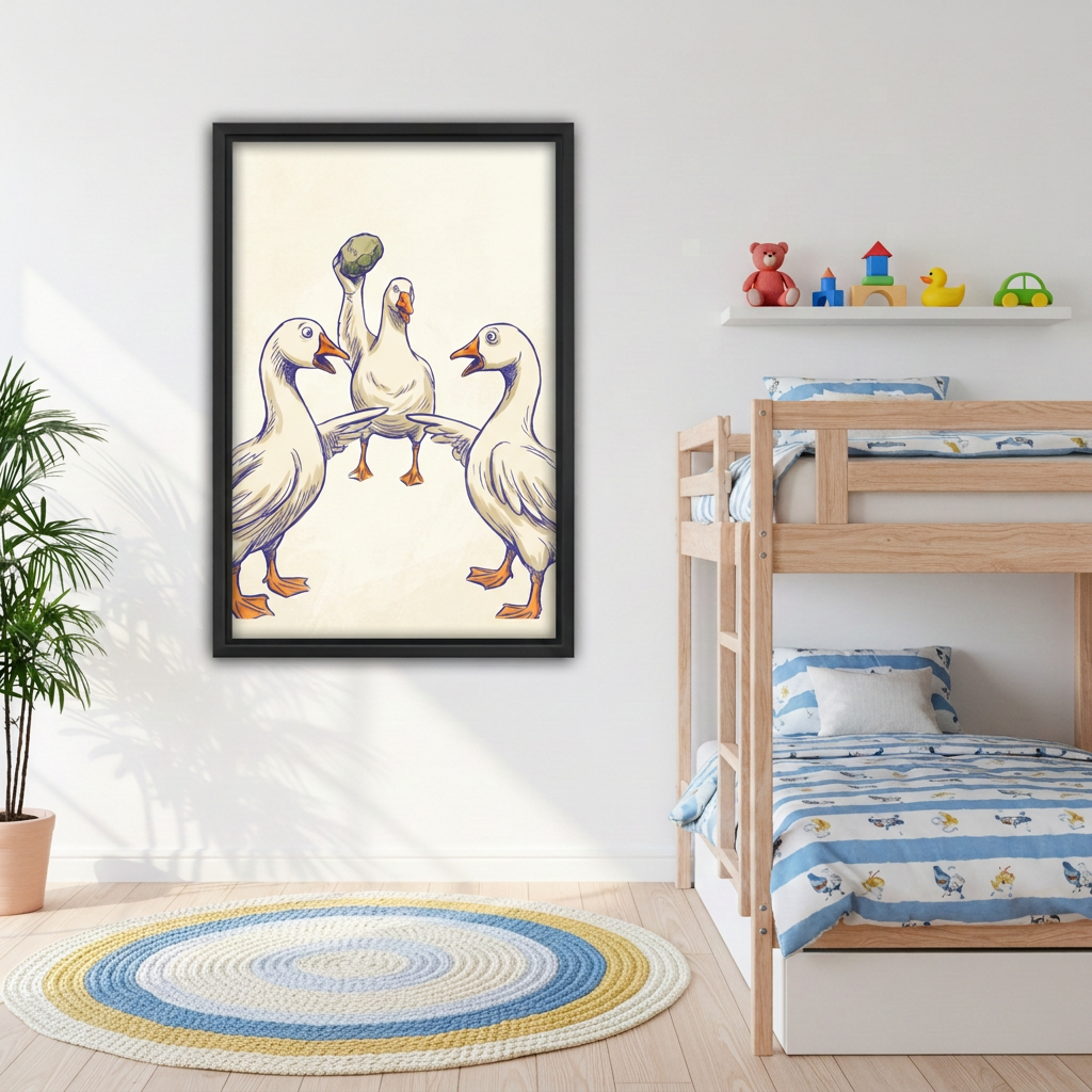 Framed funny geese canvas beside wooden bunk beds.