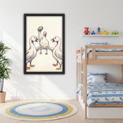 Framed funny geese canvas beside wooden bunk beds.
