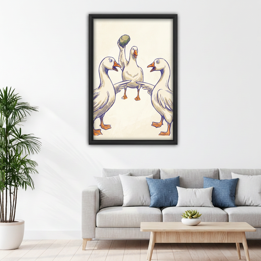  Framed funny geese canvas above a light gray sofa.