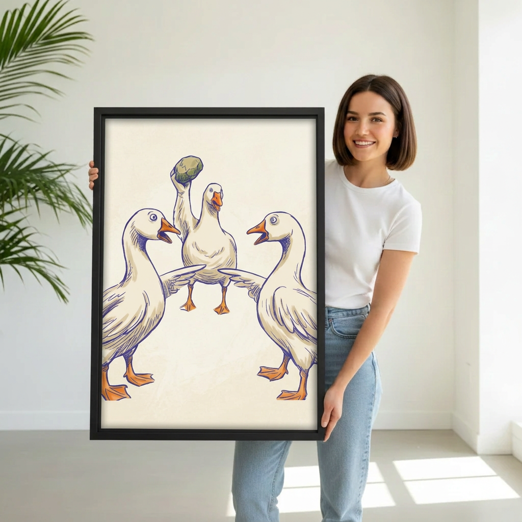 Woman holding framed funny geese canvas wall art.