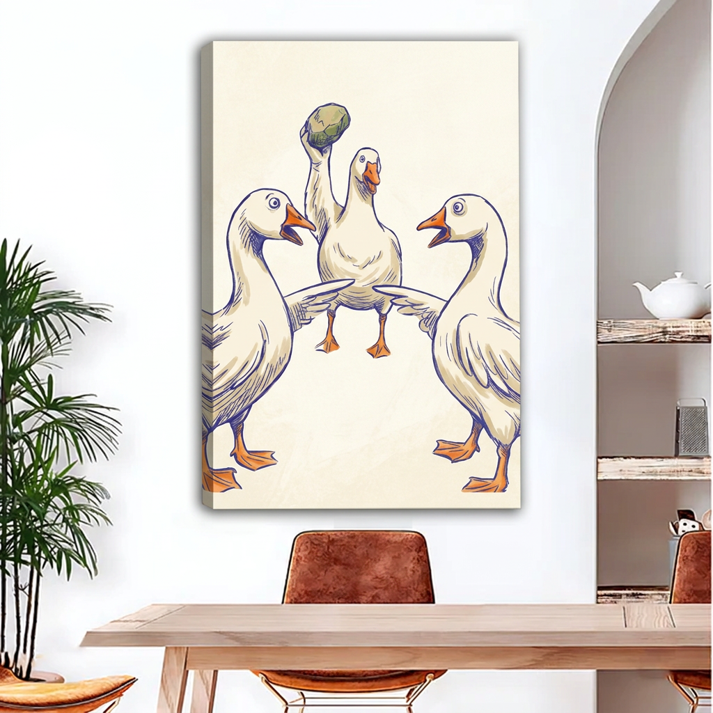 Unframed funny geese canvas with one goose raising a rock.