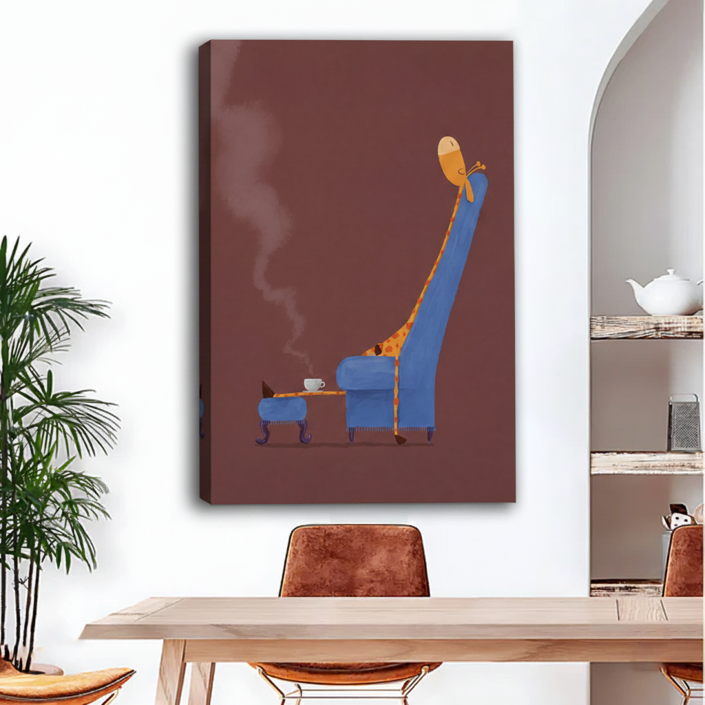  Frameless canvas wrap of quirky giraffe relaxing in blue high-back chair with coffee on side table, humorous minimalist animal wall art for modern dining room