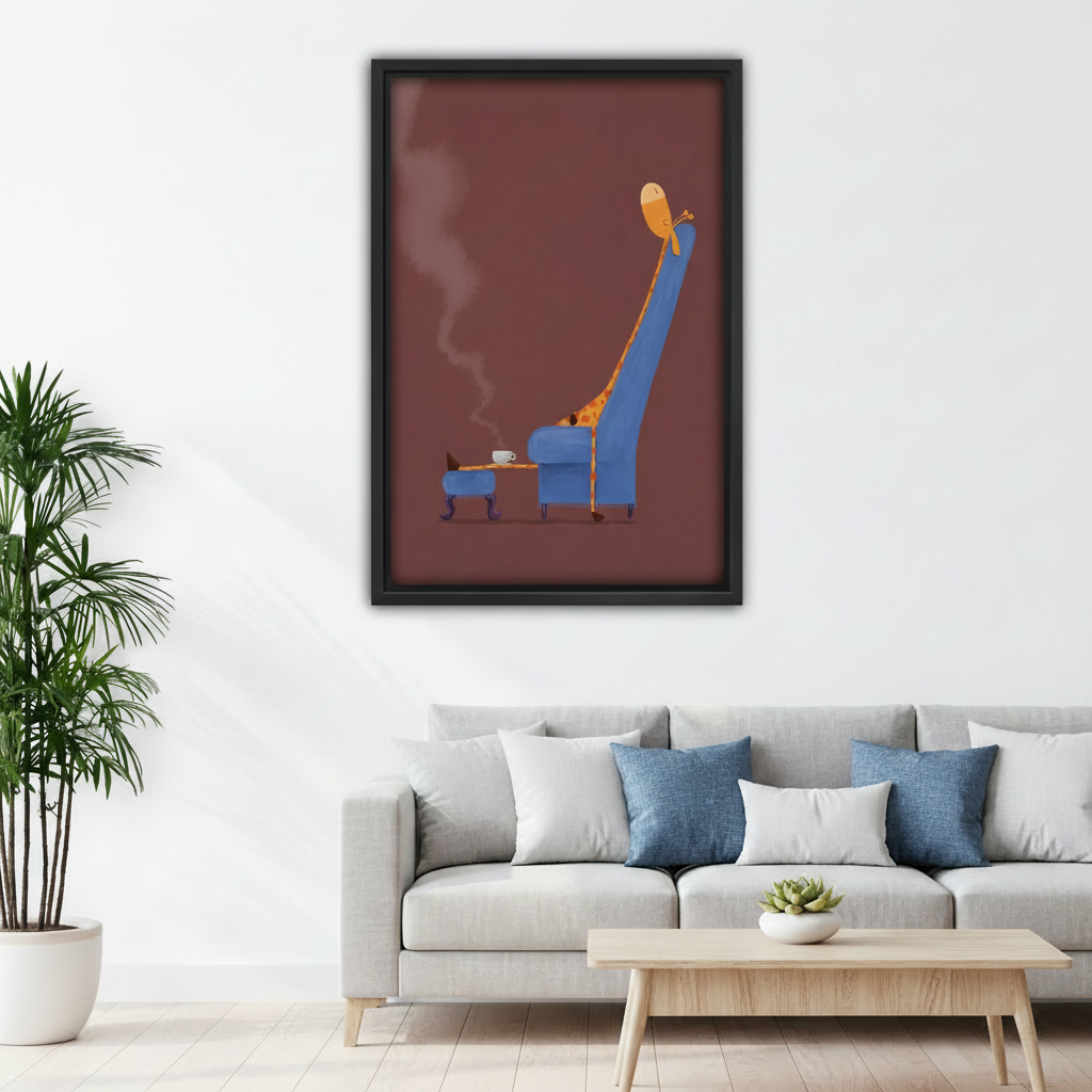  Quirky giraffe relaxing in tall blue armchair with steaming coffee framed wall art above gray sofa, humorous minimalist canvas for Scandinavian living room