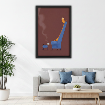  Quirky giraffe relaxing in tall blue armchair with steaming coffee framed wall art above gray sofa, humorous minimalist canvas for Scandinavian living room