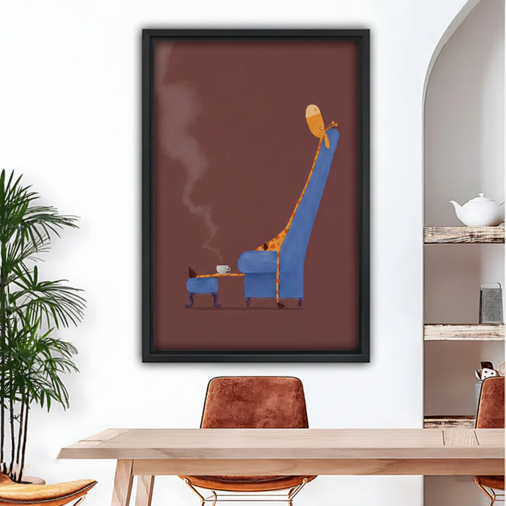  Funny giraffe sitting in tall blue armchair with steaming coffee cup framed wall art above wooden dining table, quirky minimalist animal canvas for dining room