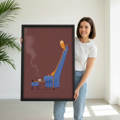 Woman holding large funny giraffe in armchair with coffee framed canvas print, quirky minimalist animal wall art size reference