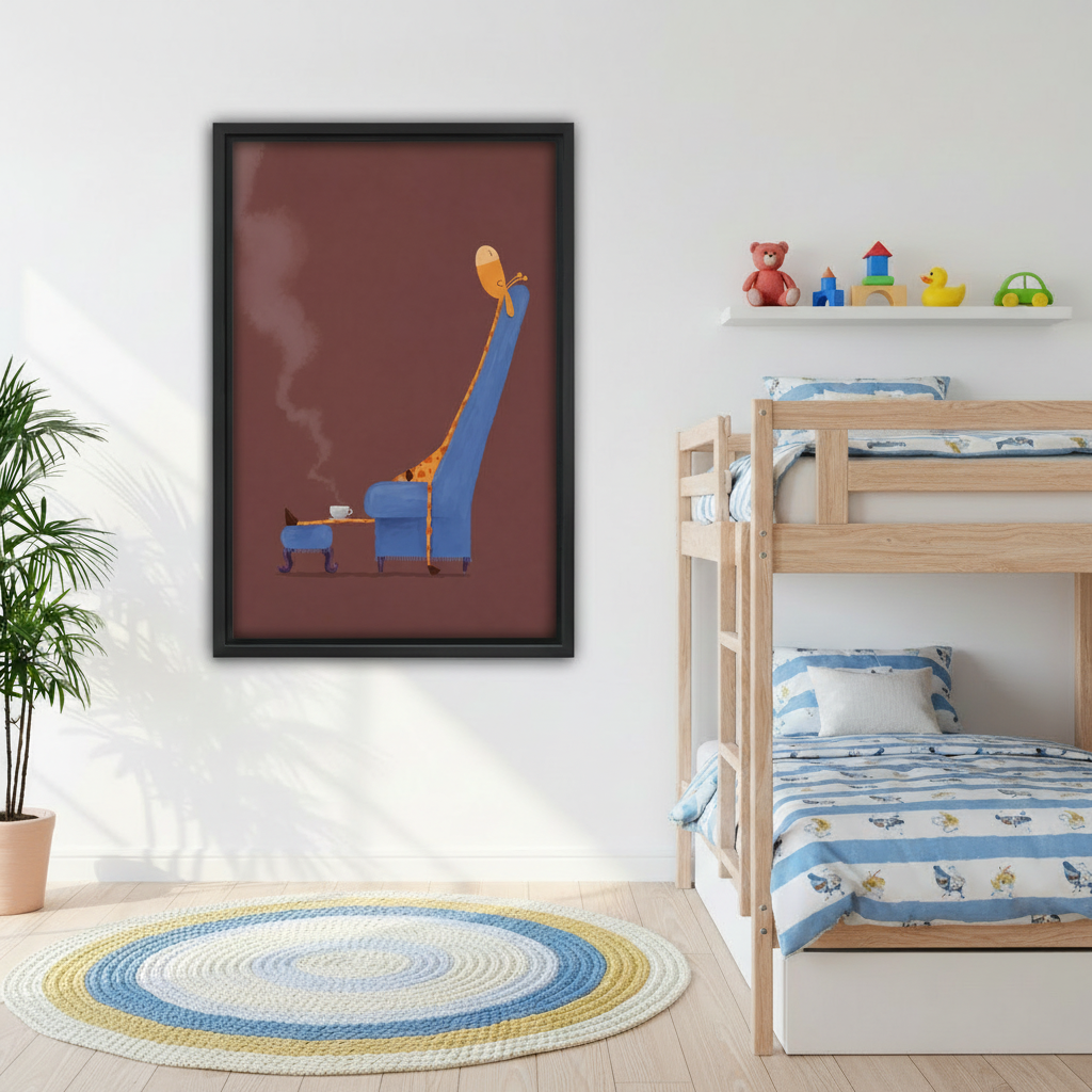 Funny giraffe in blue armchair with coffee cup framed wall art beside kids bunk bed, whimsical minimalist animal print for children's bedroom decor
