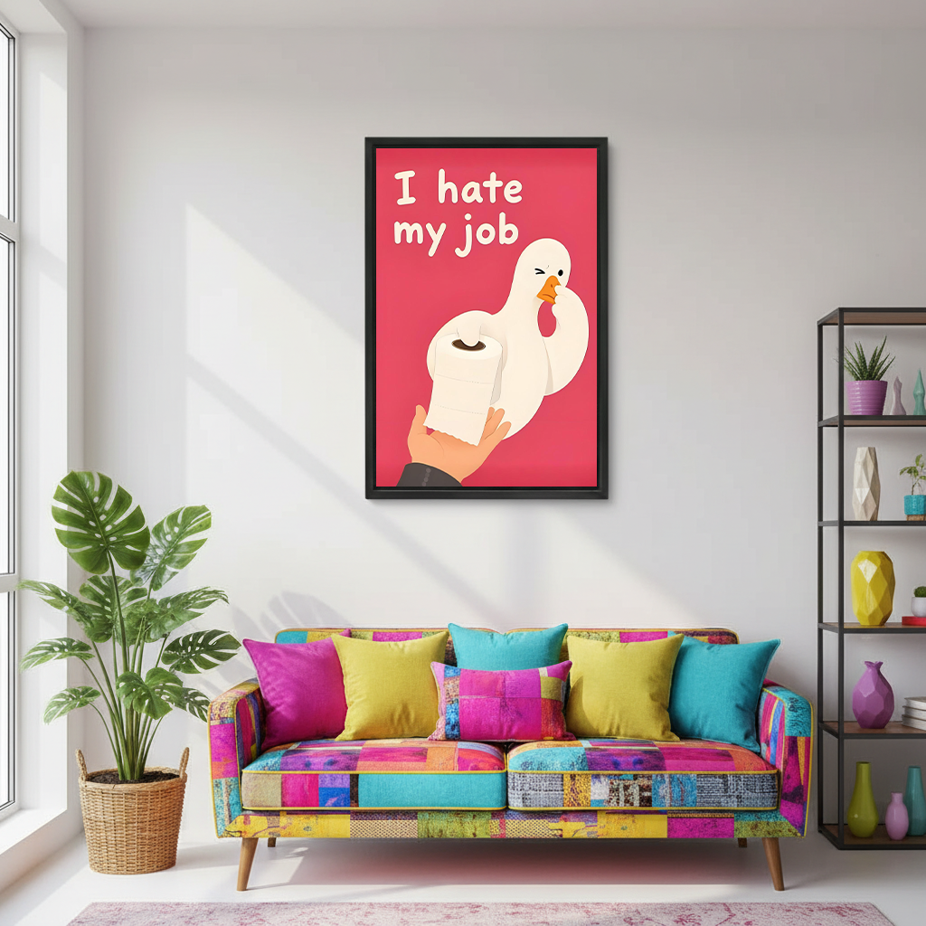 Framed funny goose bathroom canvas wall art appears above a colorful patchwork sofa in a living room.