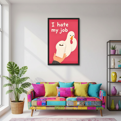 Framed funny goose bathroom canvas wall art appears above a colorful patchwork sofa in a living room.