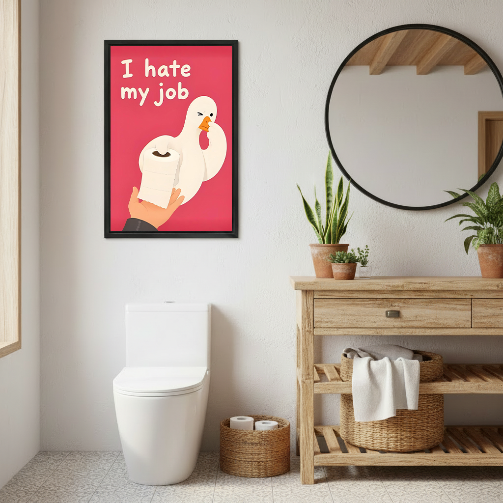 Gallery-wrap funny goose bathroom canvas wall art hangs above a toilet against gray tile.
