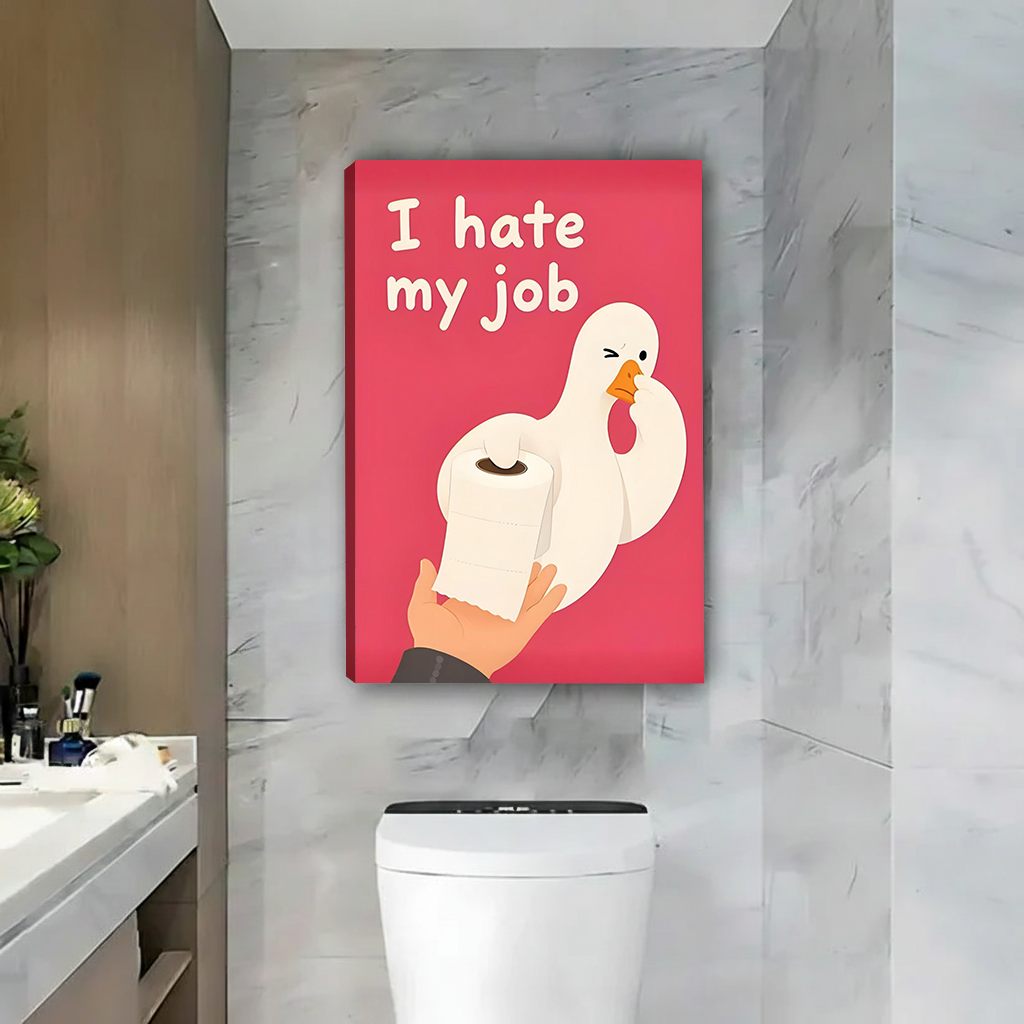 Framed funny goose bathroom canvas wall art hangs beside a round mirror and wood vanity.