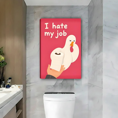 Framed funny goose bathroom canvas wall art hangs beside a round mirror and wood vanity.