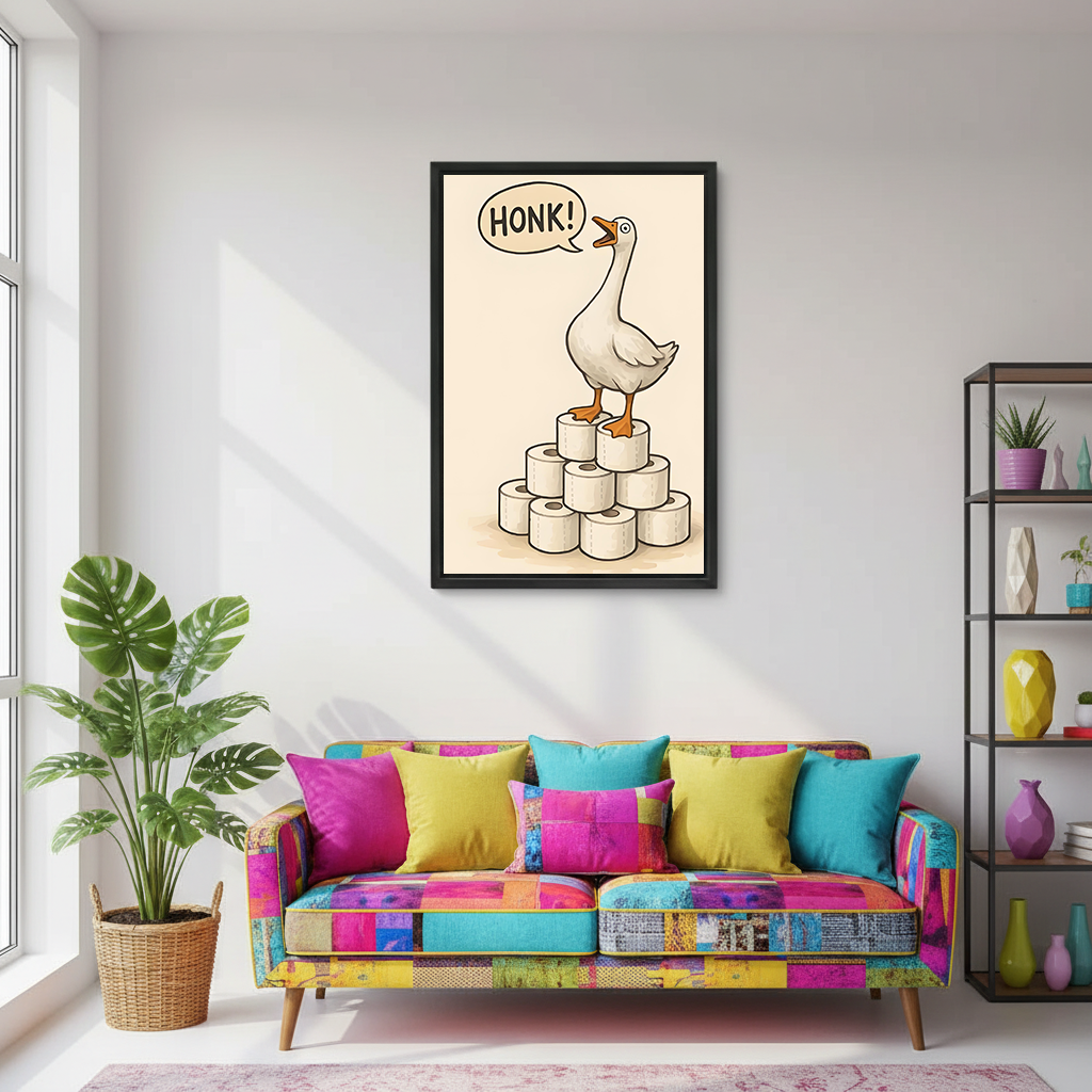 Framed funny goose canvas wall art hangs above a colorful patchwork sofa in a sunny living room.