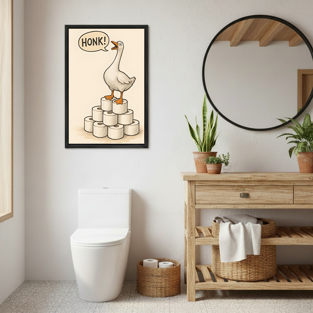 Unframed funny goose canvas wall art above a toilet shows a white goose standing on toilet paper rolls.
