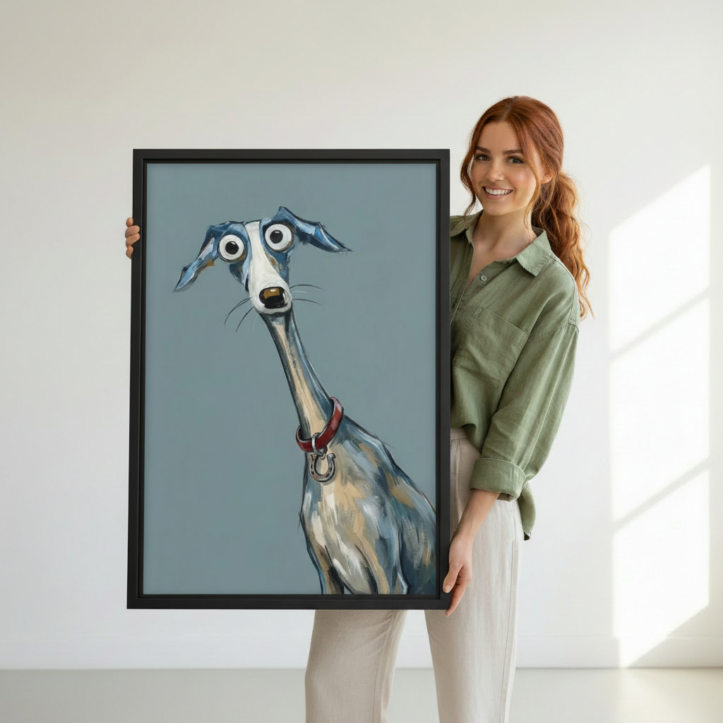 Woman holding large funny greyhound big eyes red collar framed canvas print, quirky cartoon dog wall art size reference